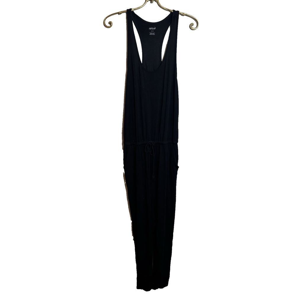 Aerie Women's Sleeveless Racerback Drawstring Jumpsuit Black Size Small Pockets